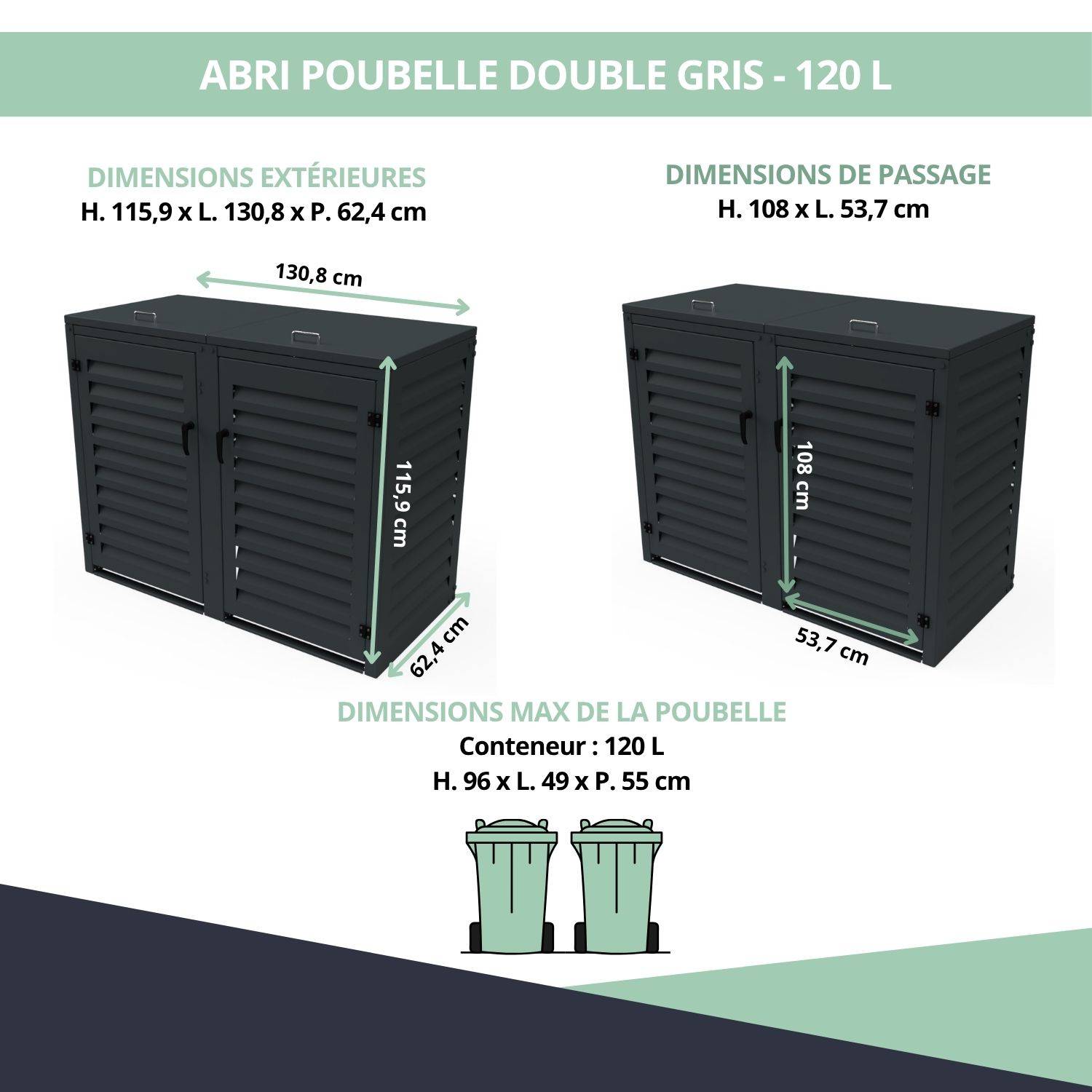 Cache Poubelle Extérieur Double en Aluminium thermolaqué - Abri pour 2 conteneurs 120 Litres – Gris Anthracite RAL 7016 - Image 3