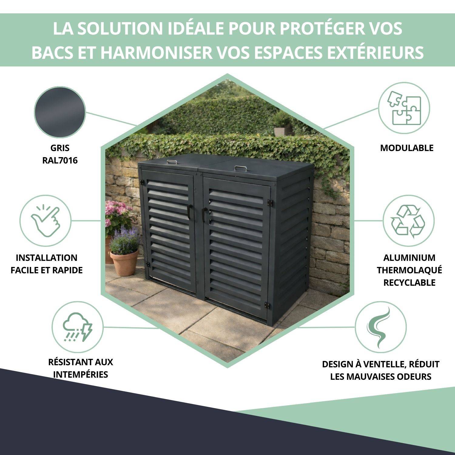 Cache Poubelle Extérieur Double en Aluminium thermolaqué - Abri pour 2 conteneurs 120 Litres – Gris Anthracite RAL 7016 - Image 2