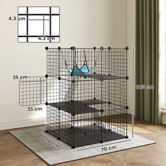 Cage chat modulable acier 3 niveaux enclos intérieur hamac 70x70x105cm noir - ComfortXL Outdoor Living - Image 5