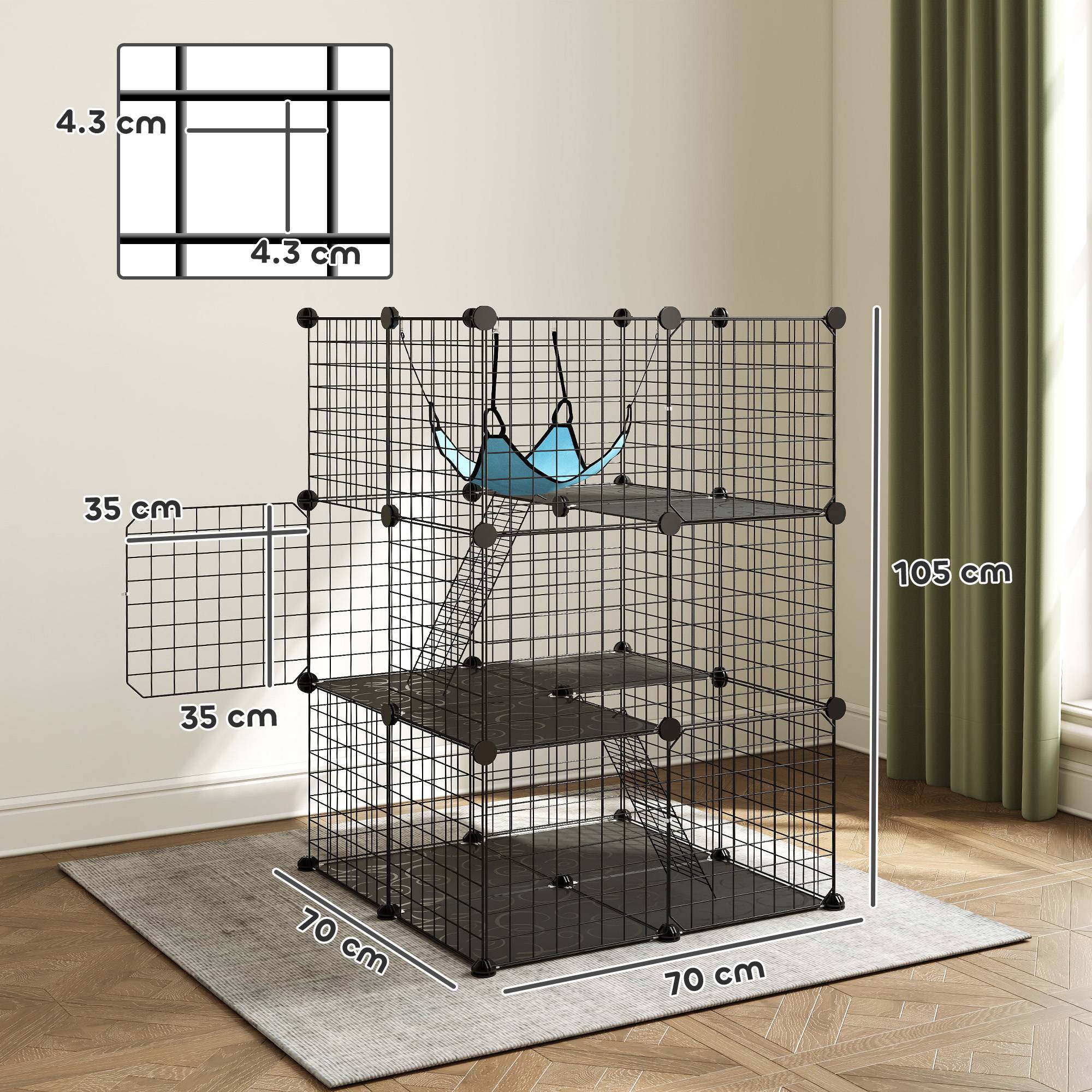Cage chat modulable acier 3 niveaux enclos intérieur hamac 70x70x105cm noir - ComfortXL Outdoor Living - Image 5