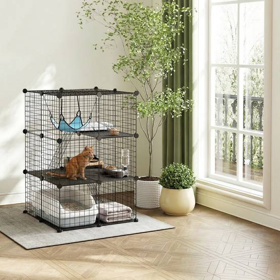 Cage chat modulable acier 3 niveaux enclos intérieur hamac 70x70x105cm noir - ComfortXL Outdoor Living - Image 3