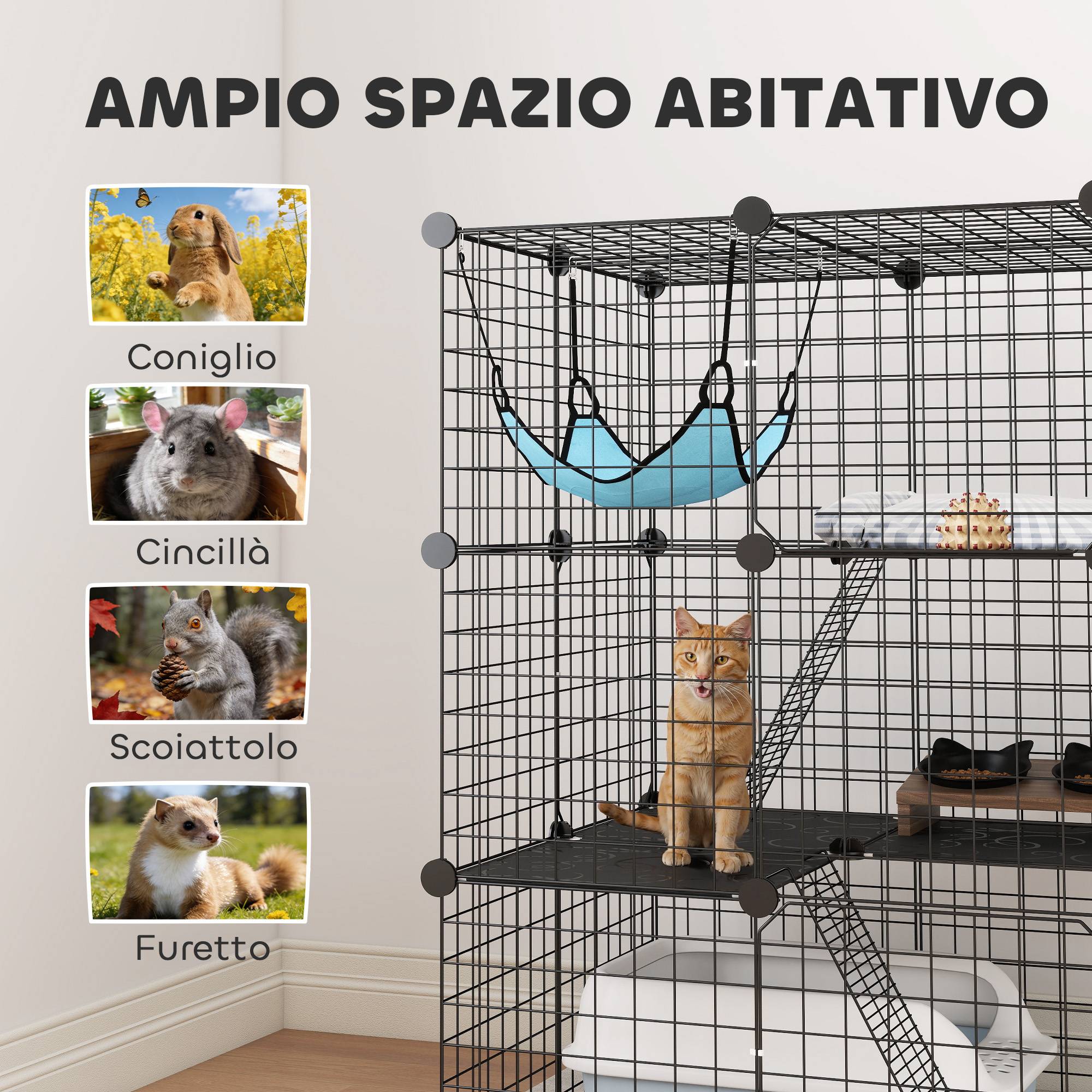 Cage chat modulable acier 3 niveaux enclos intérieur hamac 70x70x105cm noir - ComfortXL Outdoor Living - Image 9