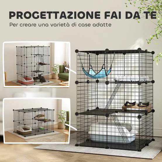 Cage chat modulable acier 3 niveaux enclos intérieur hamac 70x70x105cm noir - ComfortXL Outdoor Living - Image 6