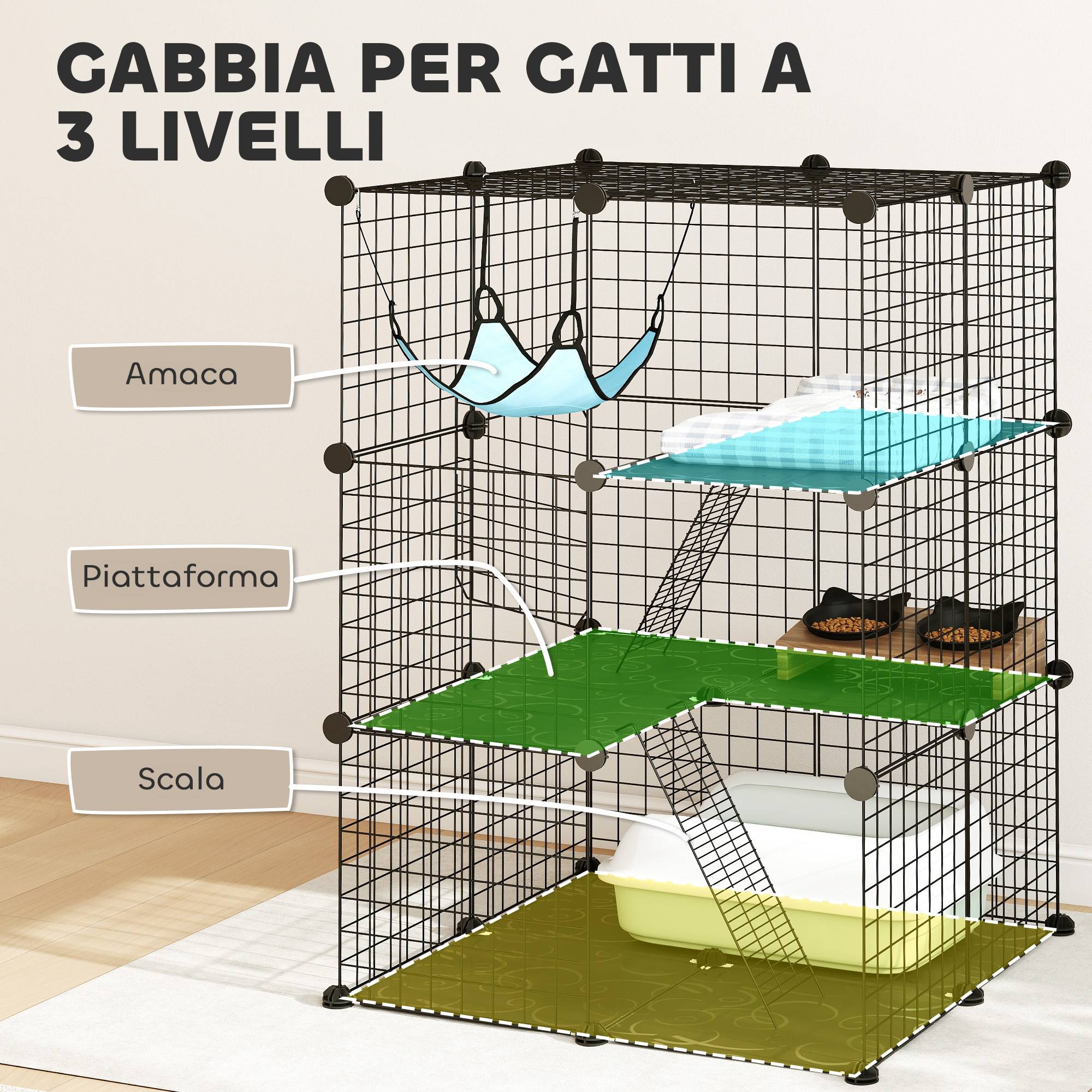 Cage chat modulable acier 3 niveaux enclos intérieur hamac 70x70x105cm noir - ComfortXL Outdoor Living - Image 7