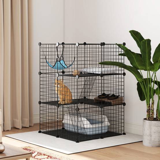 Cage chat modulable acier 3 niveaux enclos intérieur hamac 70x70x105cm noir - ComfortXL Outdoor Living - Image 4