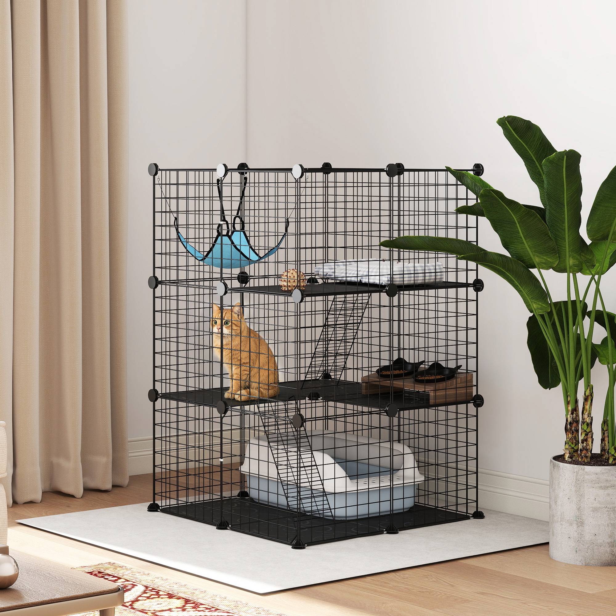 Cage chat modulable acier 3 niveaux enclos intérieur hamac 70x70x105cm noir - ComfortXL Outdoor Living - Image 4