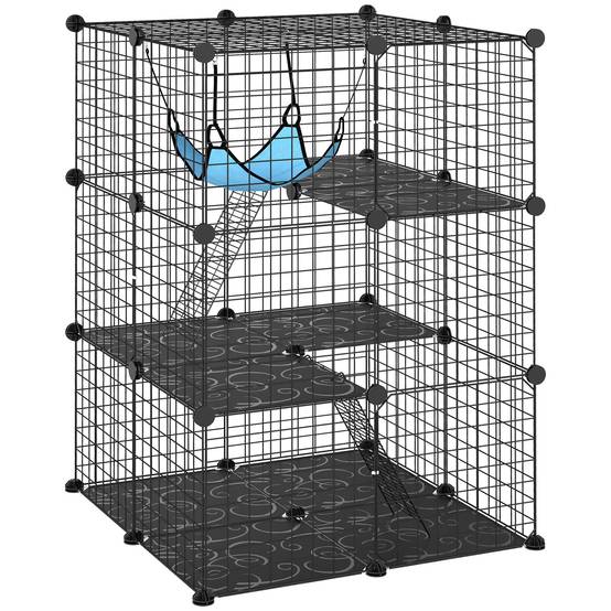 Cage chat modulable acier 3 niveaux enclos intérieur hamac 70x70x105cm noir - ComfortXL Outdoor Living - Image 1