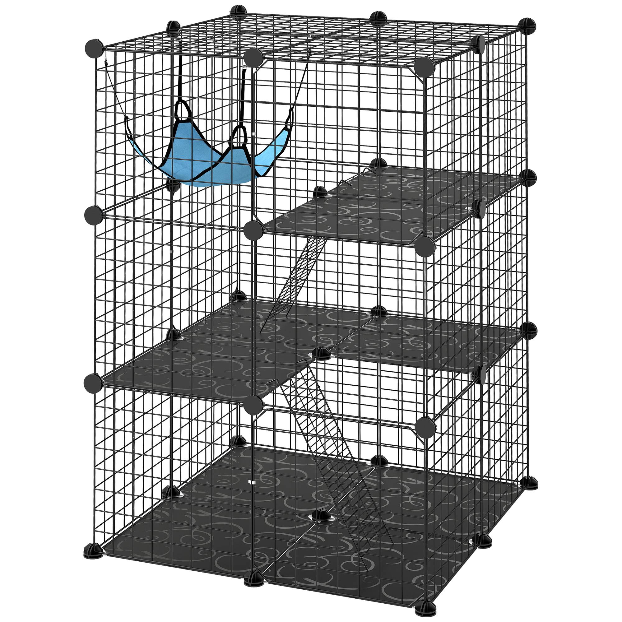 Cage chat modulable acier 3 niveaux enclos intérieur hamac 70x70x105cm noir - ComfortXL Outdoor Living - Image 2