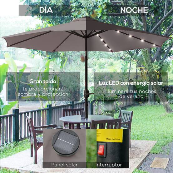 Parasol de jardin inclinable Ø265 cm avec 32 lumières LED solaires, mât en acier et manivelle, gris. - Image 6