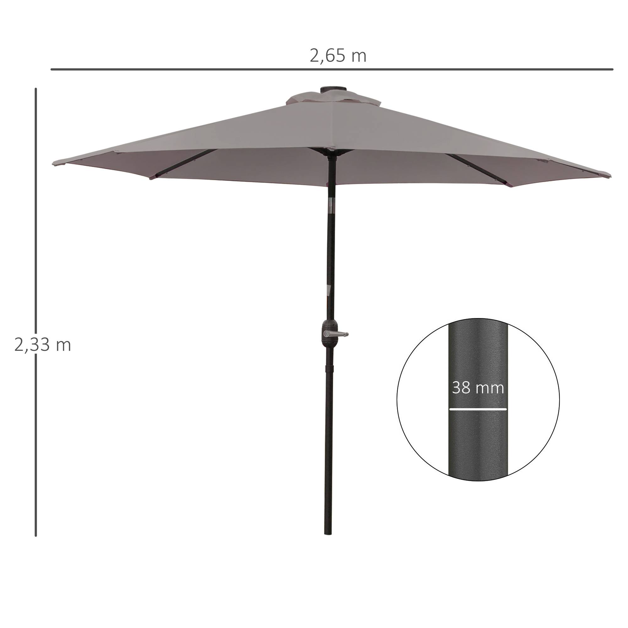 Parasol de jardin inclinable Ø265 cm avec 32 lumières LED solaires, mât en acier et manivelle, gris. - Image 5