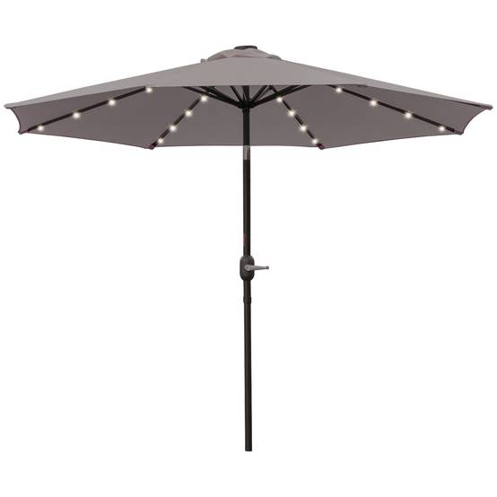 Parasol de jardin inclinable Ø265 cm avec 32 lumières LED solaires, mât en acier et manivelle, gris. - Image 2