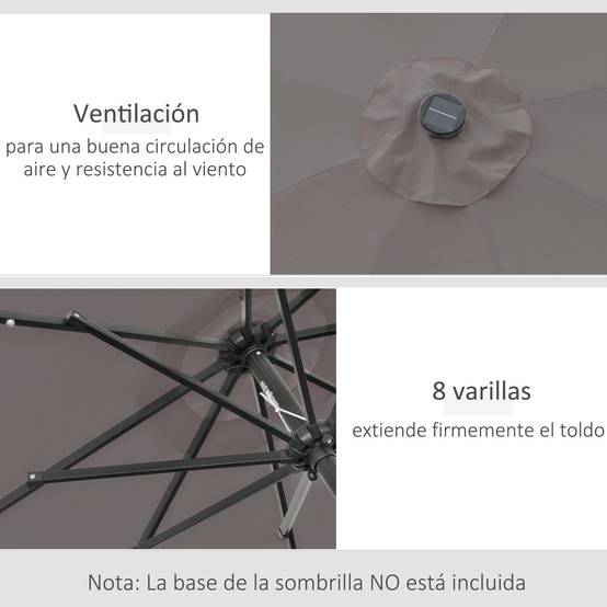 Parasol de jardin inclinable Ø265 cm avec 32 lumières LED solaires, mât en acier et manivelle, gris. - Image 9