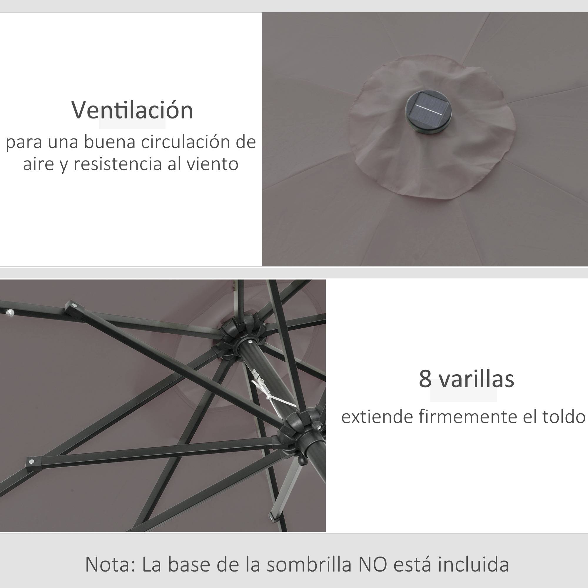 Parasol de jardin inclinable Ø265 cm avec 32 lumières LED solaires, mât en acier et manivelle, gris. - Image 9