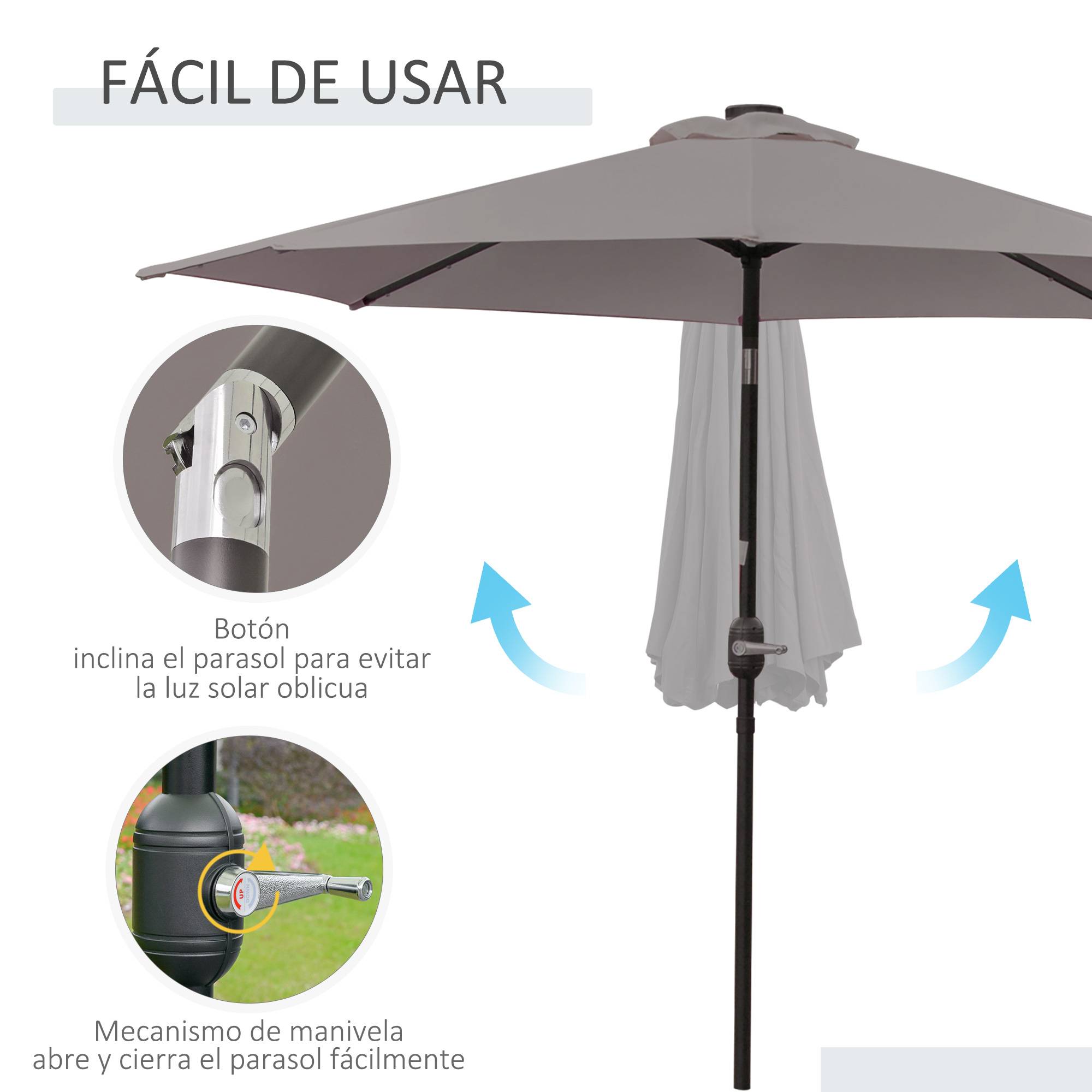 Parasol de jardin inclinable Ø265 cm avec 32 lumières LED solaires, mât en acier et manivelle, gris. - Image 7