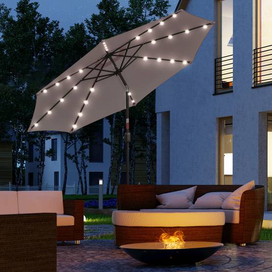 Parasol de jardin inclinable Ø265 cm avec 32 lumières LED solaires, mât en acier et manivelle, gris. - Image 3