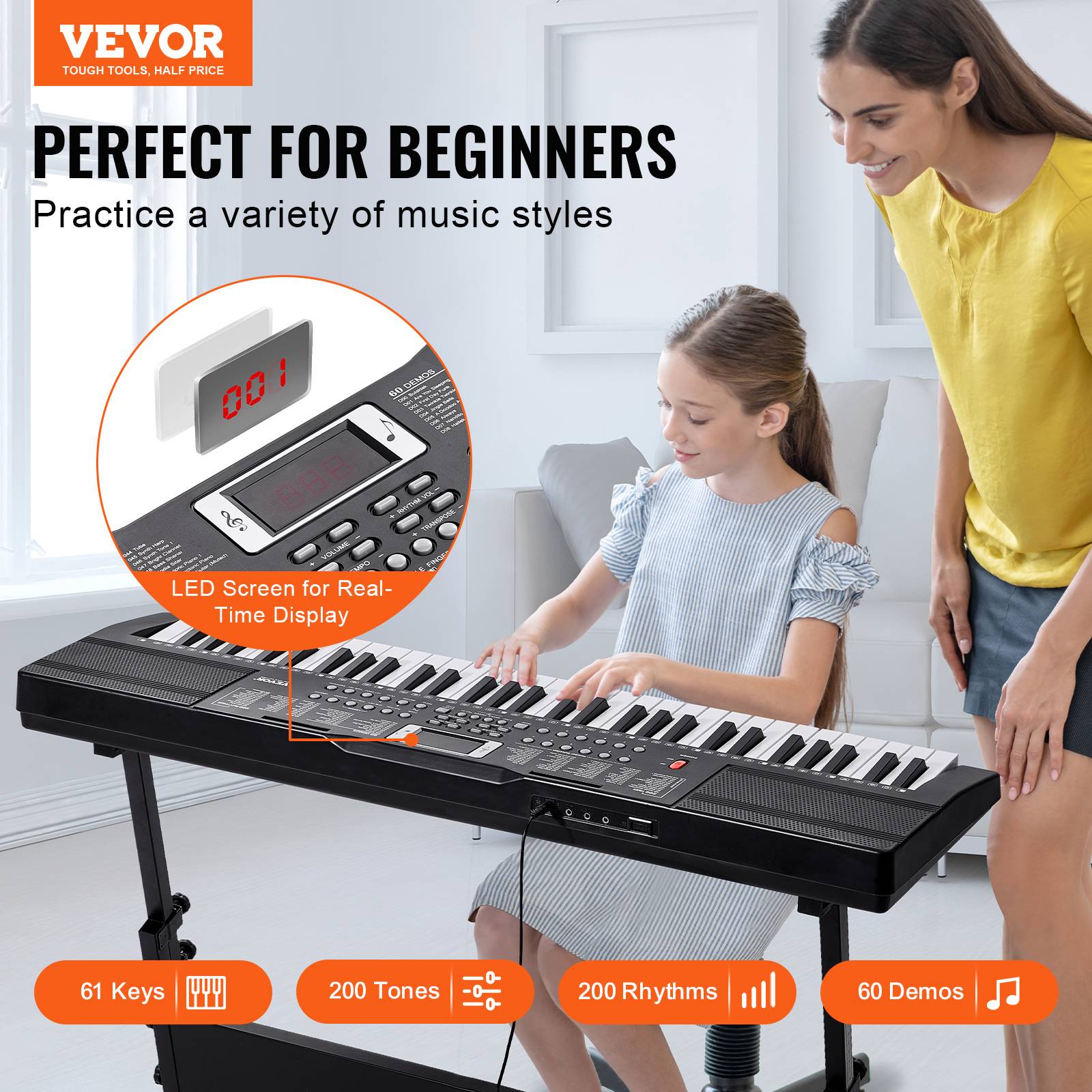 VEVOR Clavier Piano Numérique 61 Touches, 200 Tons/Rythmes, Haut-parleurs Intégrés, pour Débutants. - Image 2