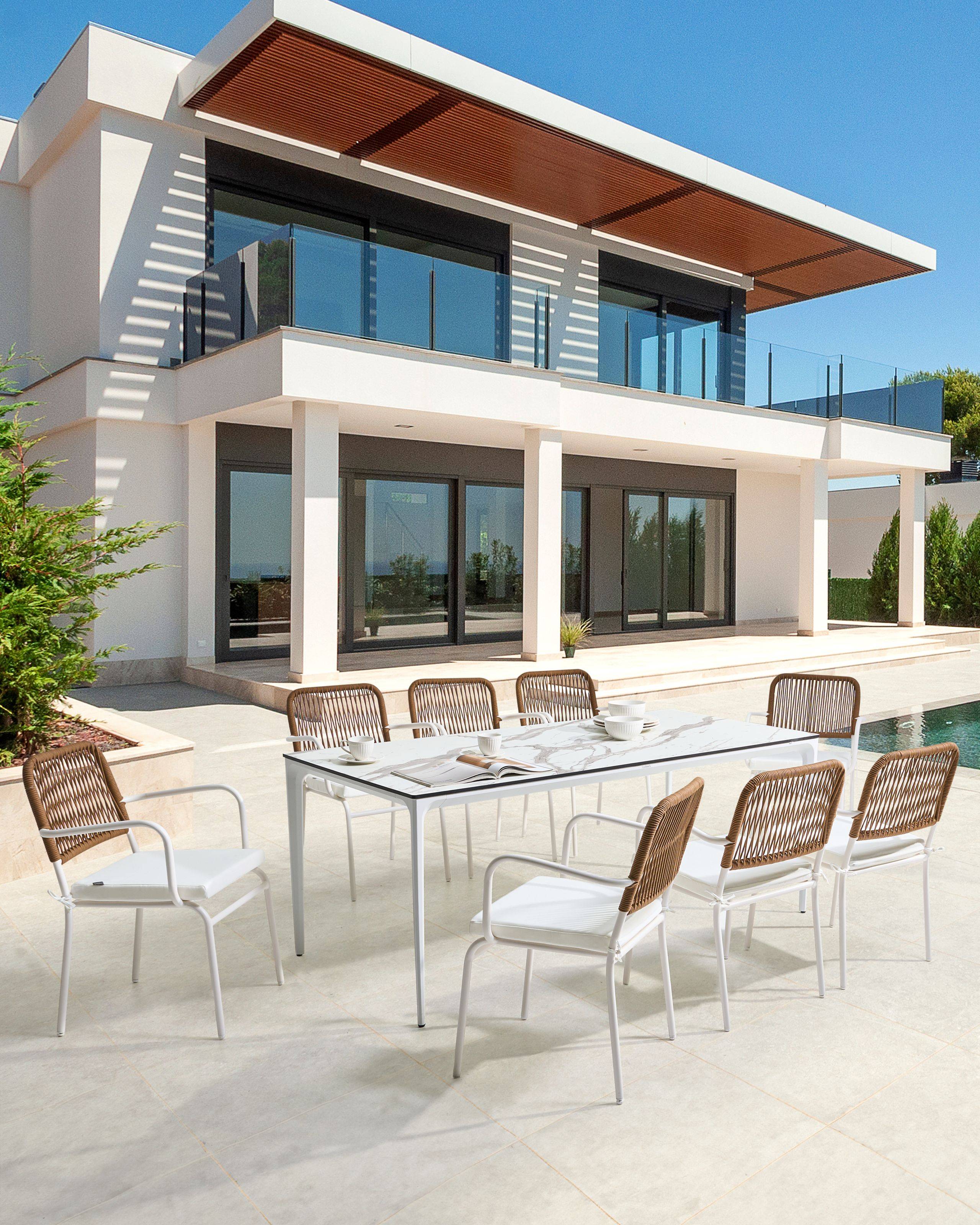 Lot de 8 Chaises de Jardin Blanc et Marron avec Structure en Aluminium Thermolaqué et Coussins Sièges Empilables pour l\'Extérieur - Image 2