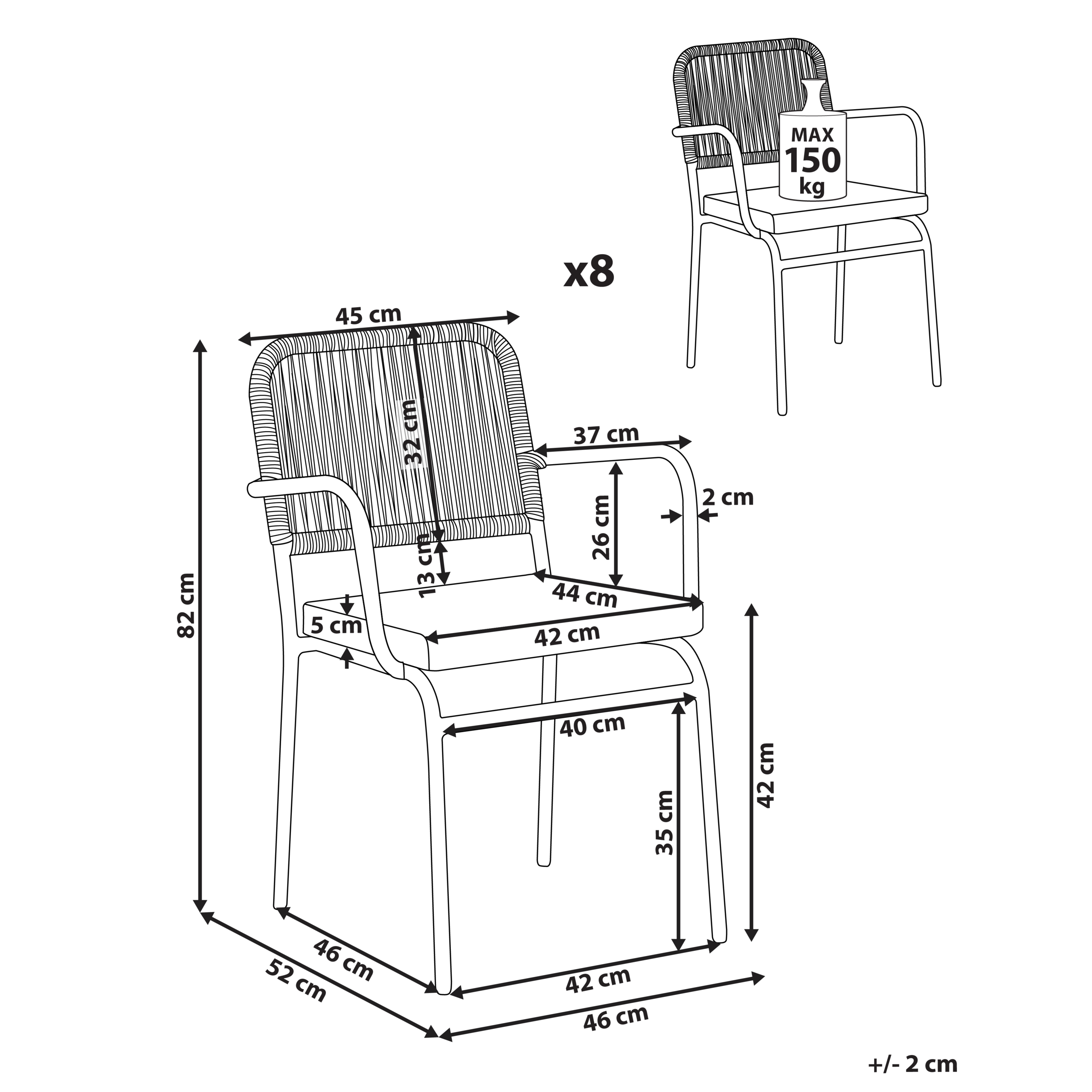 Lot de 8 Chaises de Jardin Blanc et Marron avec Structure en Aluminium Thermolaqué et Coussins Sièges Empilables pour l\'Extérieur - Image 3