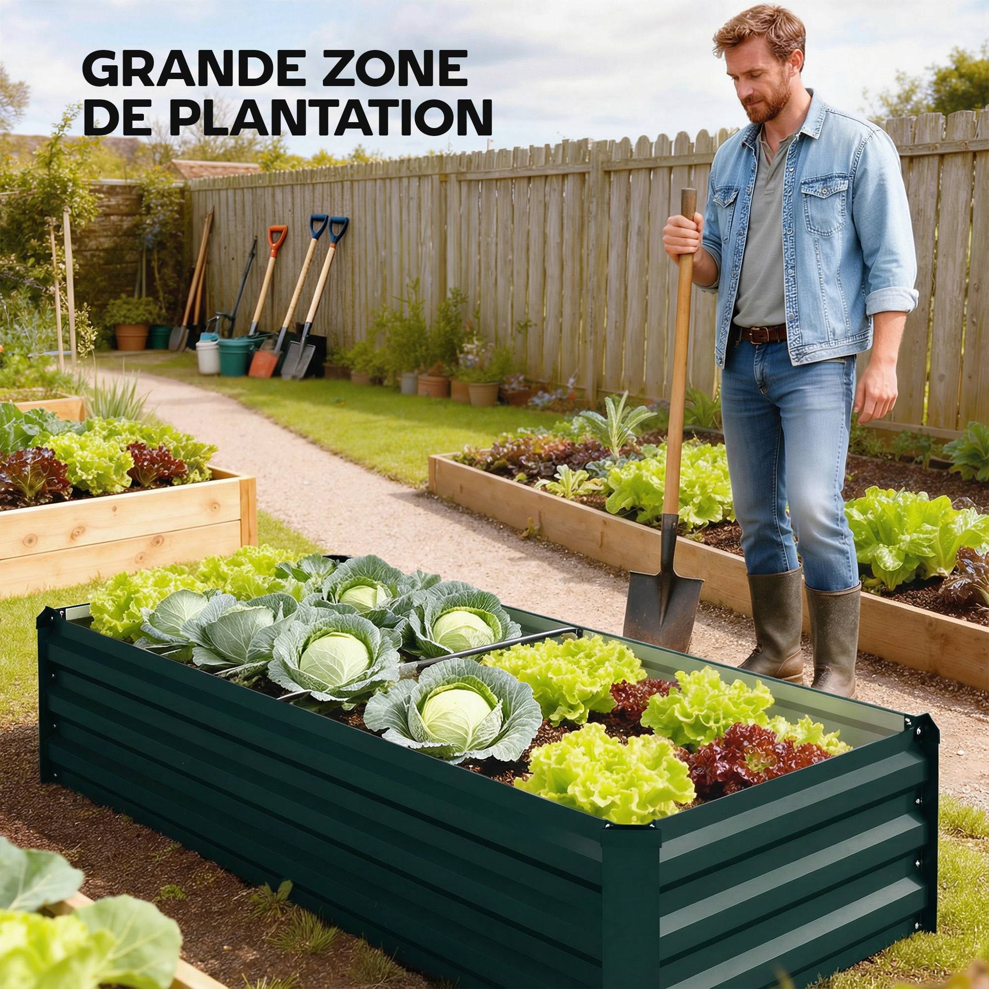 Jardinière rectangulaire potager de jardin en acier galvanisé bordure de sécurité et fond ouvert 150x70x30cm vert - Image 6