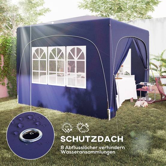 Pavillon pliant 3x3 m bleu foncé hivernal imperméable anti-UV50+, 4 panneaux latéraux sac camping - Image 6