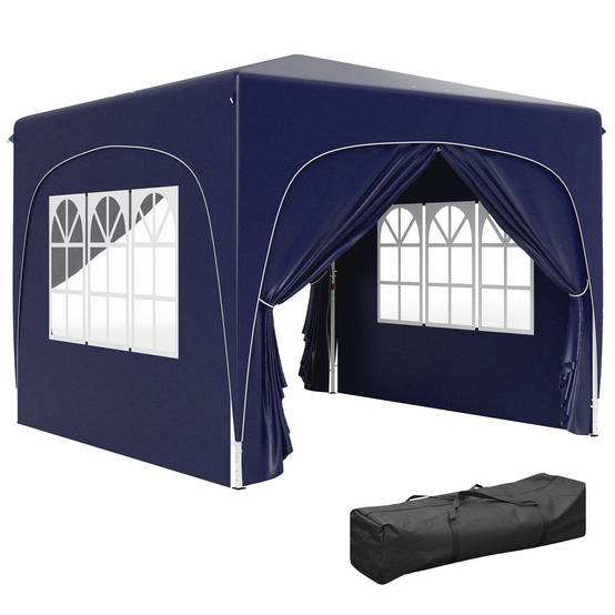 Pavillon pliant 3x3 m bleu foncé hivernal imperméable anti-UV50+, 4 panneaux latéraux sac camping - Image 1