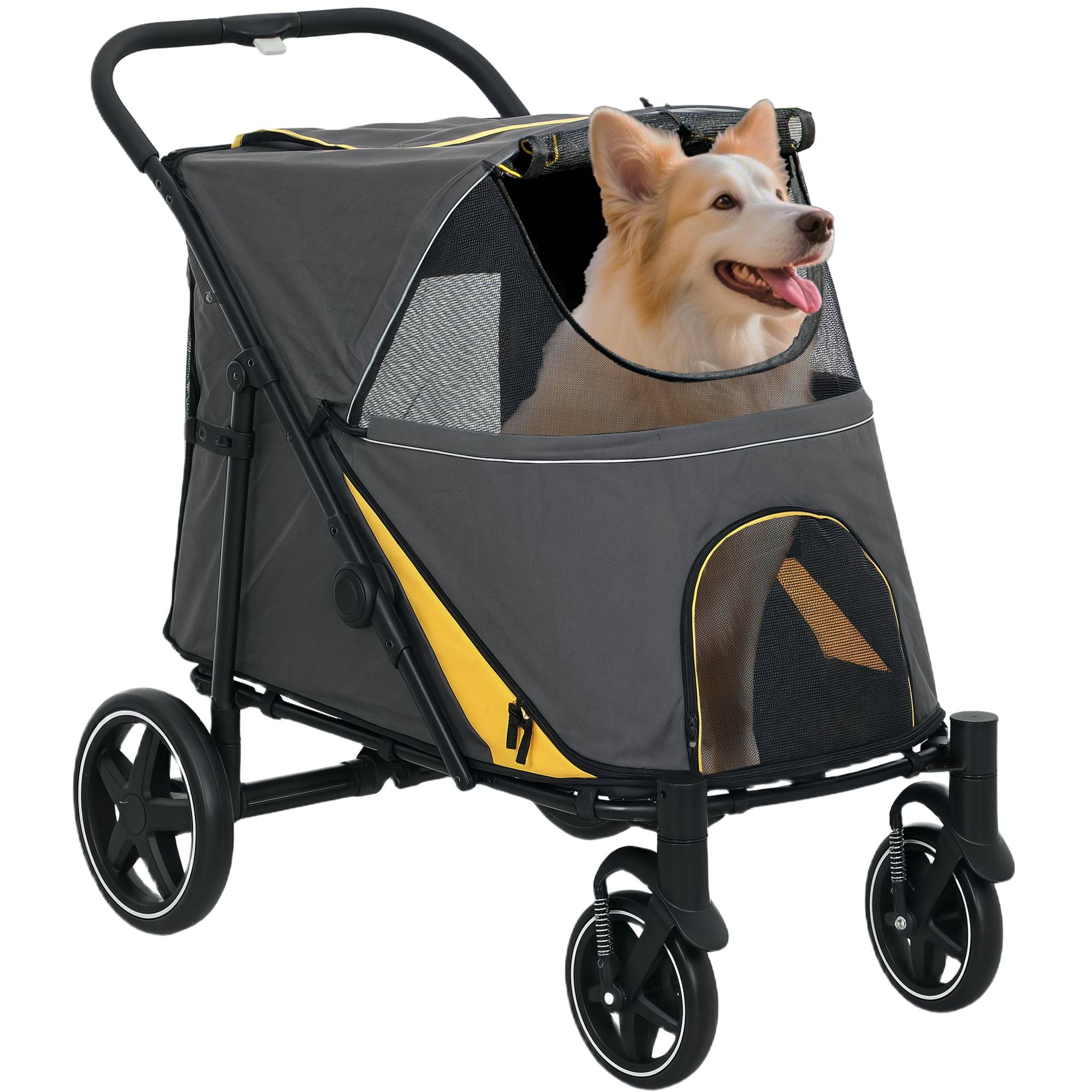 Chariot chien pliable one-click, pliable, 2 laisses sécurité, gris foncé - Image 1
