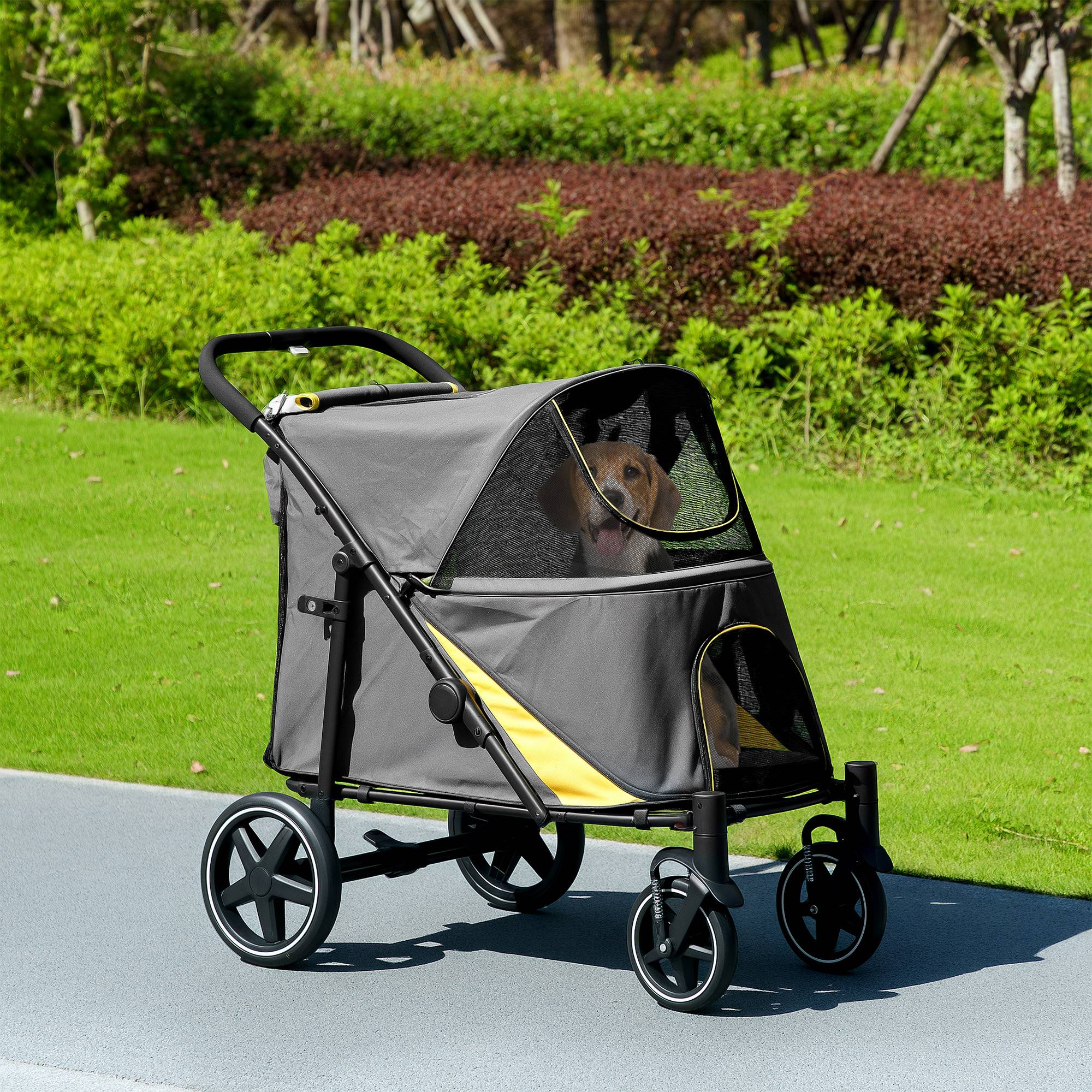 Chariot chien pliable one-click, pliable, 2 laisses sécurité, gris foncé - Image 4