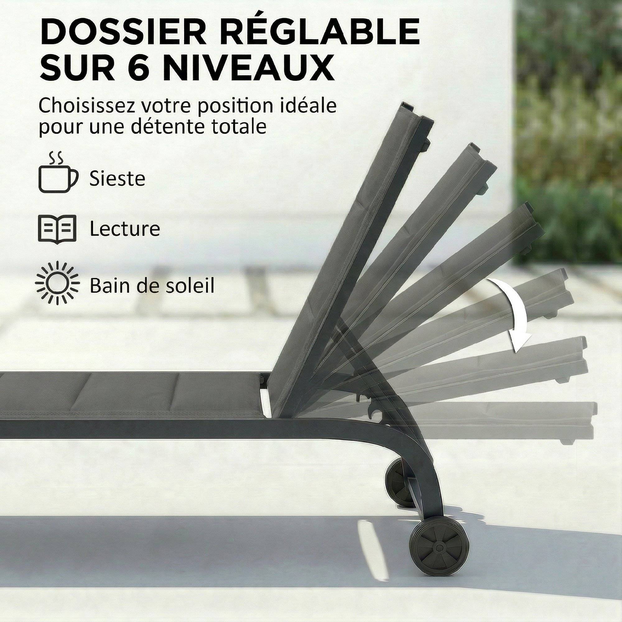 Bain de Soleil Dossier Réglable 6 Positions avec Roues - 62x165x94cm Aluminium Gris foncé fr24 - Image 6