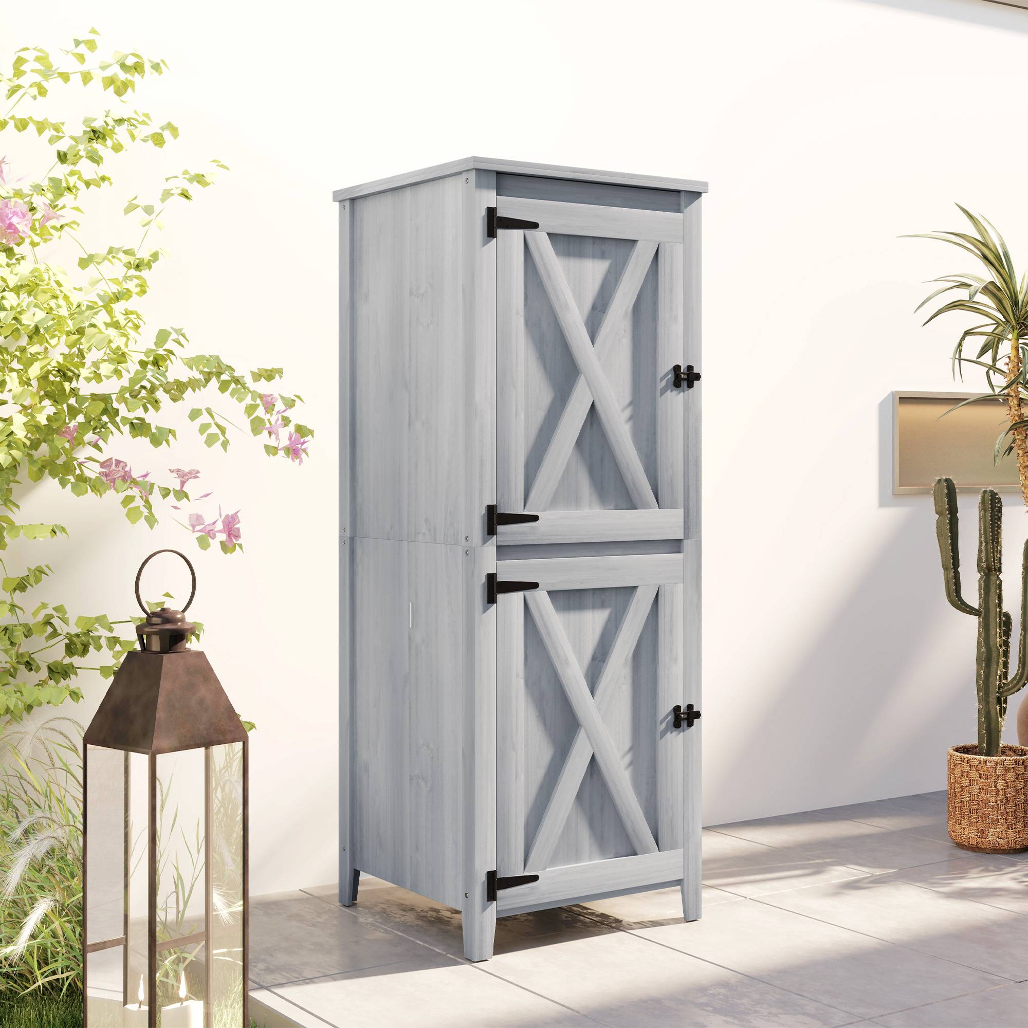 Outsunny - Abri de jardin armoire avec étagères détachables portes verrouillables 60x60x160cm bois gris clair - Outsunny - Image 5