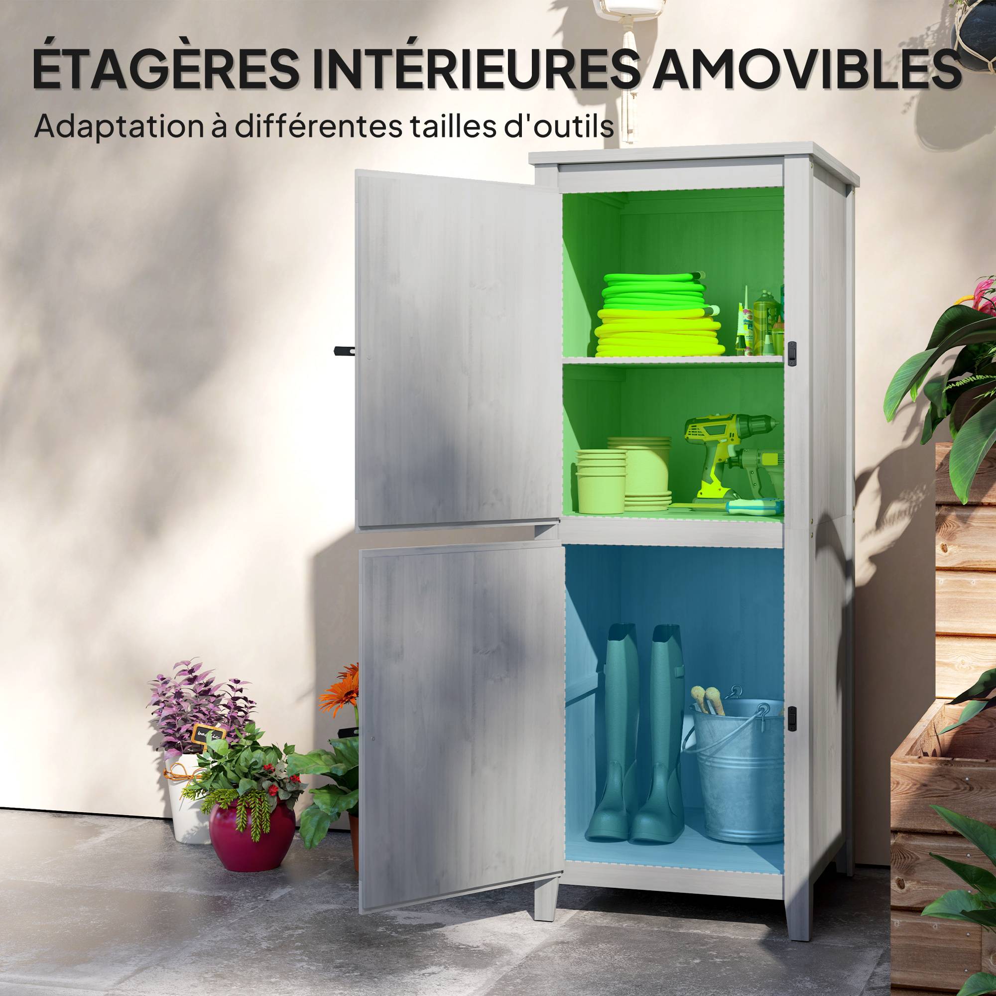 Outsunny - Abri de jardin armoire avec étagères détachables portes verrouillables 60x60x160cm bois gris clair - Outsunny - Image 7