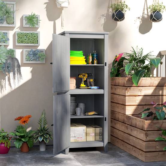 Outsunny - Abri de jardin armoire avec étagères détachables portes verrouillables 60x60x160cm bois gris clair - Outsunny - Image 6