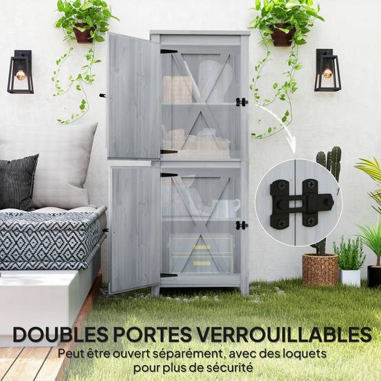 Outsunny - Abri de jardin armoire avec étagères détachables portes verrouillables 60x60x160cm bois gris clair - Outsunny - Image 8