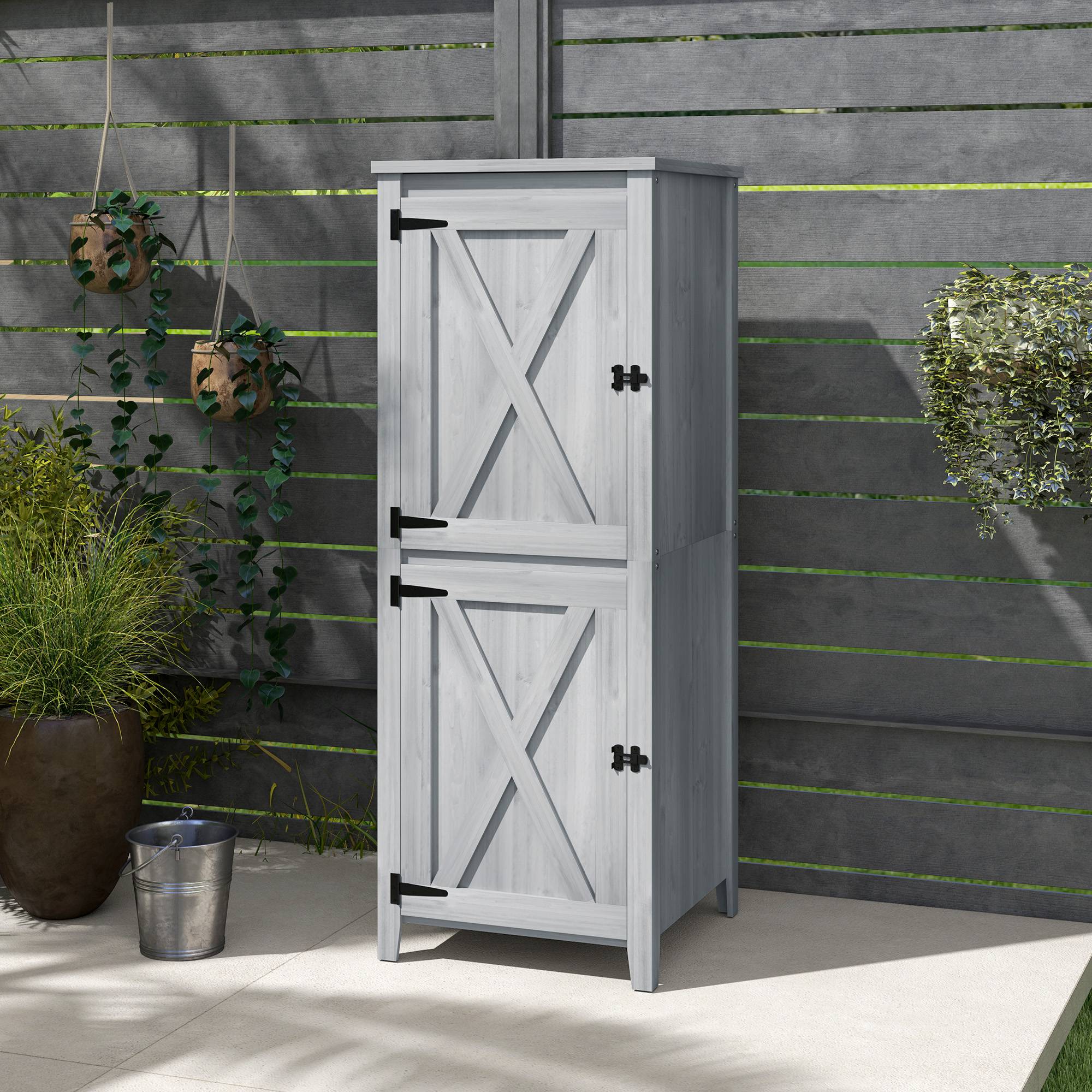 Outsunny - Abri de jardin armoire avec étagères détachables portes verrouillables 60x60x160cm bois gris clair - Outsunny - Image 4