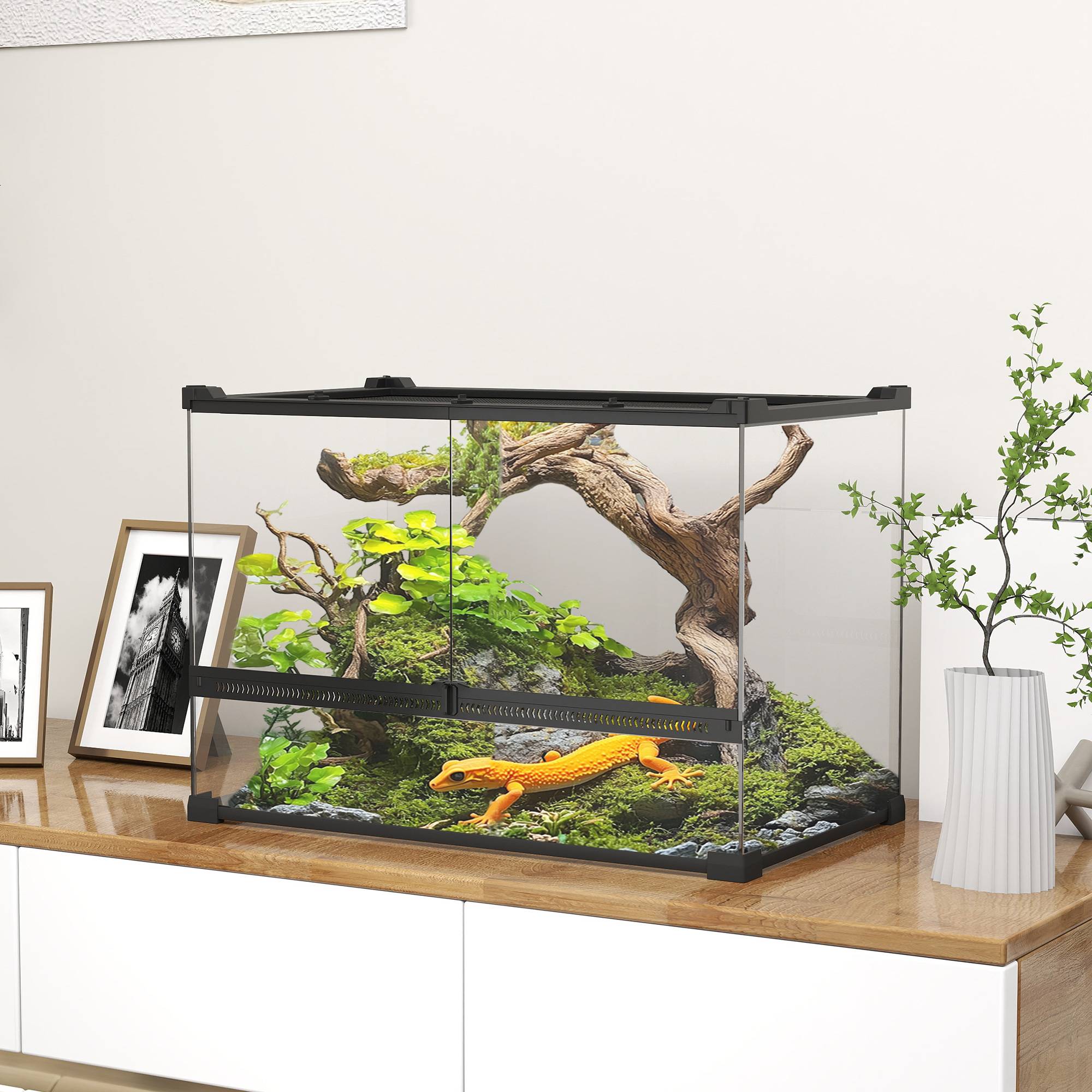 Boîte à reptiles, boîte d'élevage de reptiles, fermeture sécurisée par rotation, ventilation frontale, 50x30x35cm, noir - Image 3