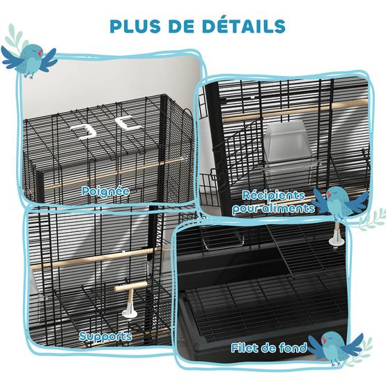 Volière cage oiseaux acier multi-portes perchoirs plateau amovible 61x36x98cm noir - ComfortXL Outdoor Living - Image 9