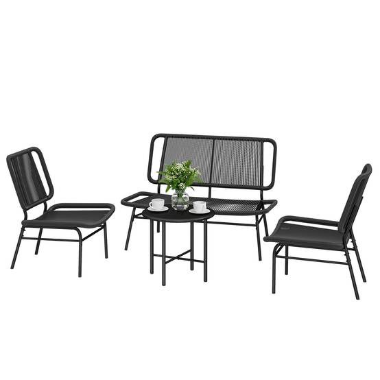 Ensemble mobilier jardin rotin 4 pcs, canapé extérieur avec table métal, noir - Image 2