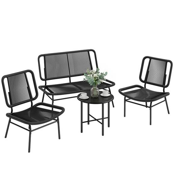 Ensemble mobilier jardin rotin 4 pcs, canapé extérieur avec table métal, noir - Image 1