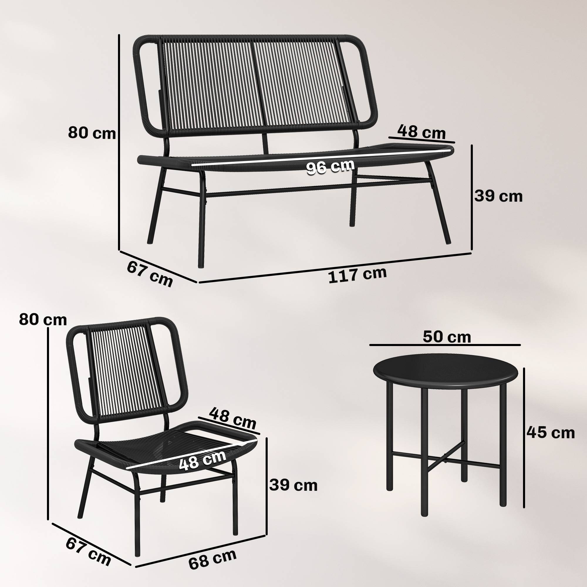 Ensemble mobilier jardin rotin 4 pcs, canapé extérieur avec table métal, noir - Image 5