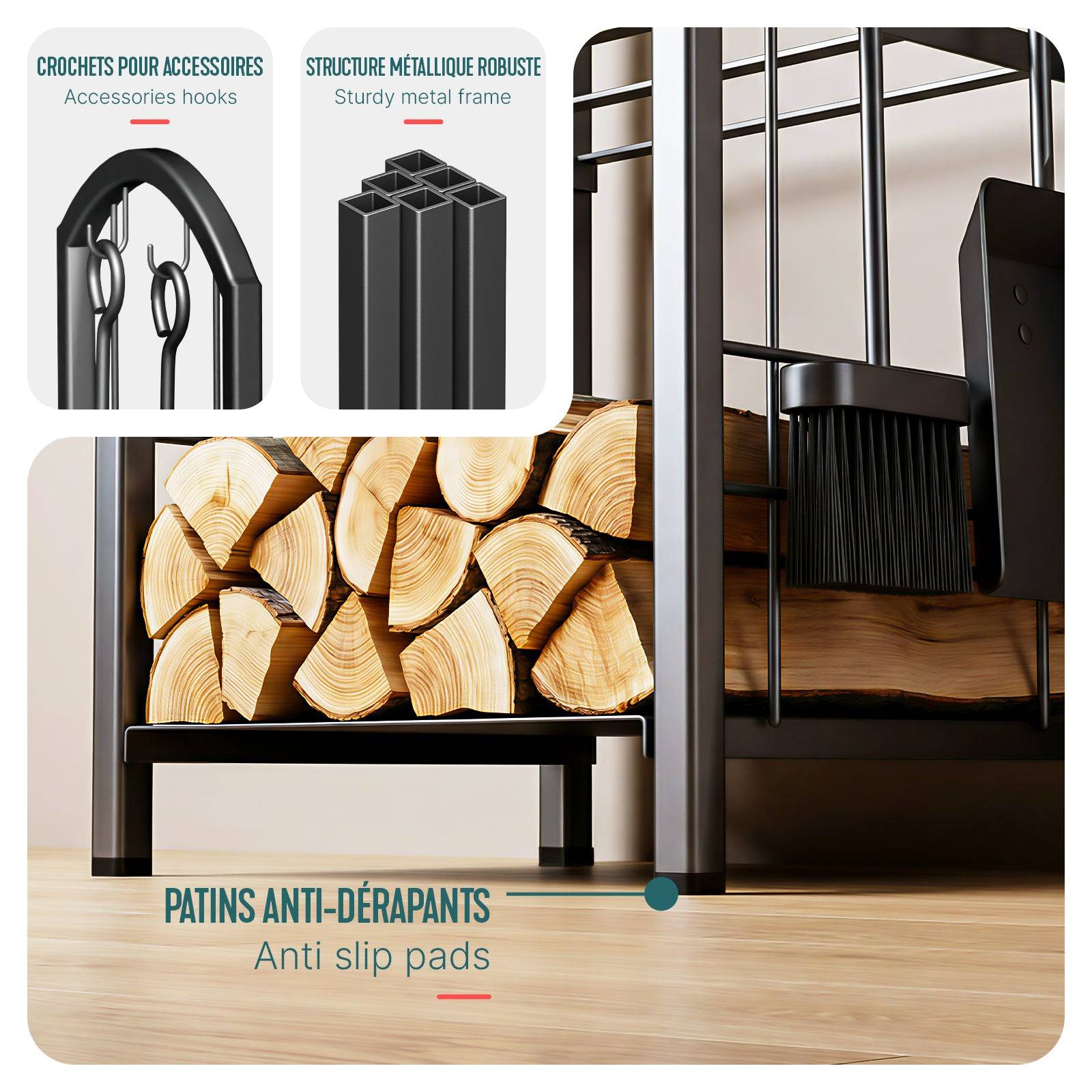 Porte-bûches avec 4 outils 38x33x75cm - métal - range bûche pour cheminée - support bois intérieur et extérieur - noir - VOUNOT® - Image 7