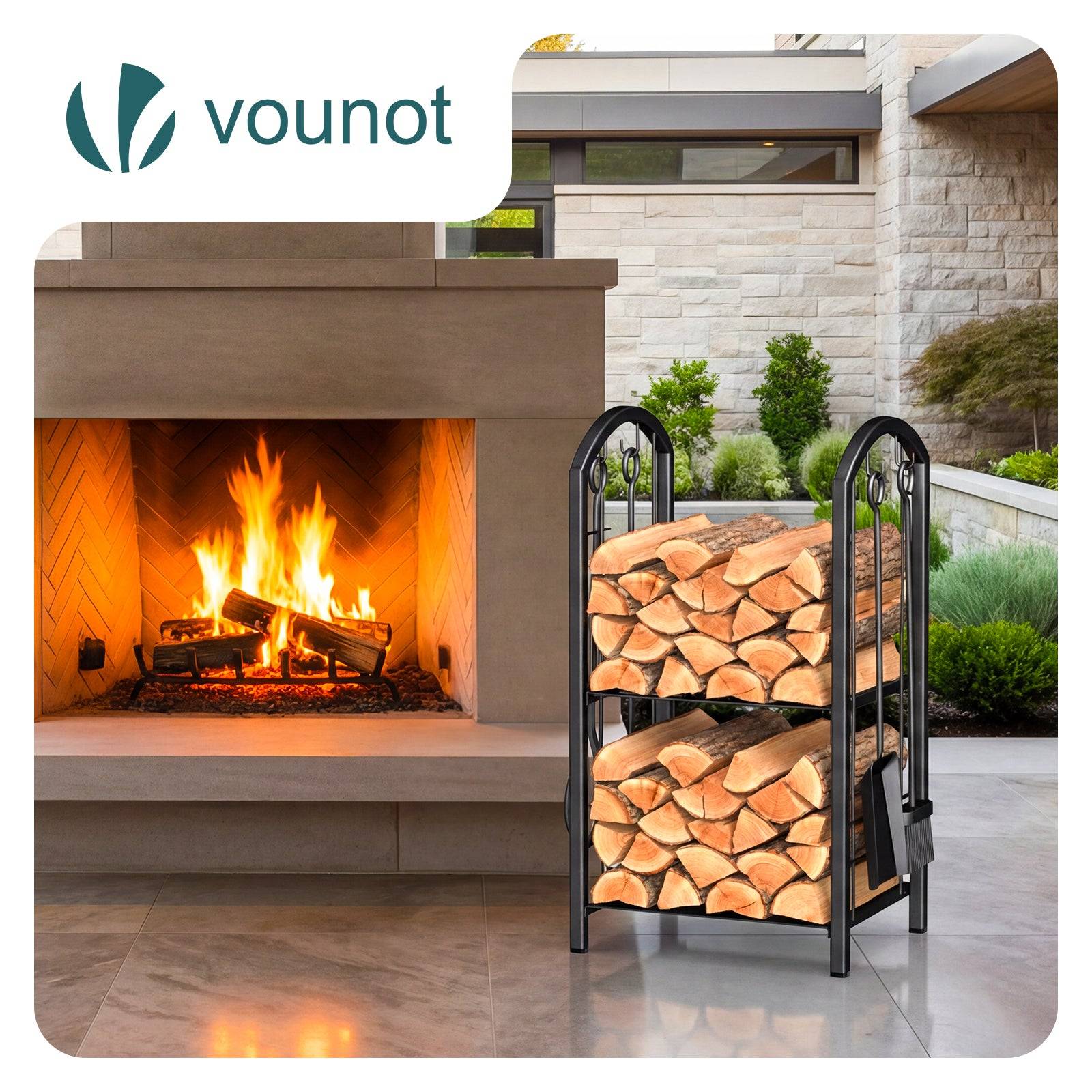 Porte-bûches avec 4 outils 38x33x75cm - métal - range bûche pour cheminée - support bois intérieur et extérieur - noir - VOUNOT® - Image 5