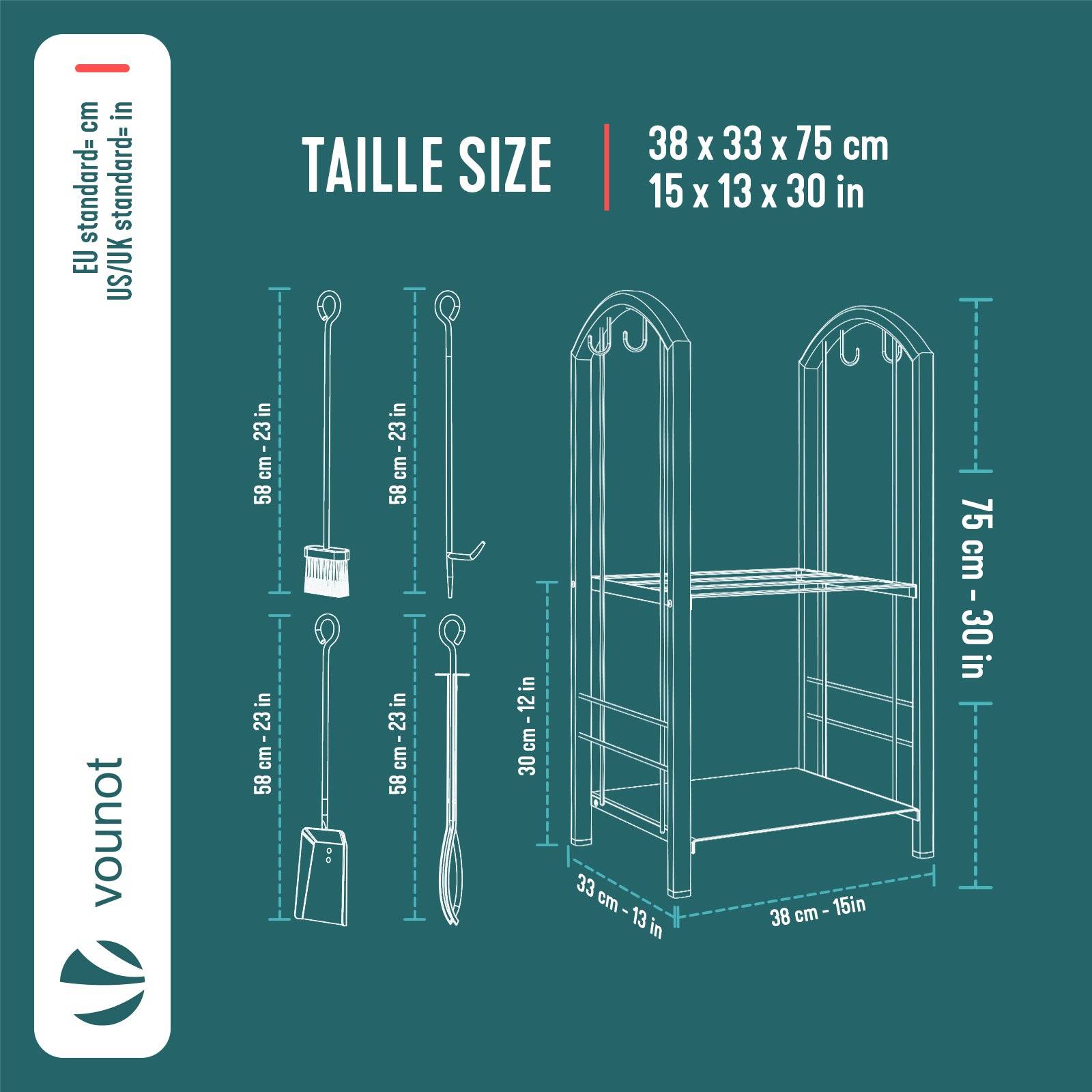 Porte-bûches avec 4 outils 38x33x75cm - métal - range bûche pour cheminée - support bois intérieur et extérieur - noir - VOUNOT® - Image 3