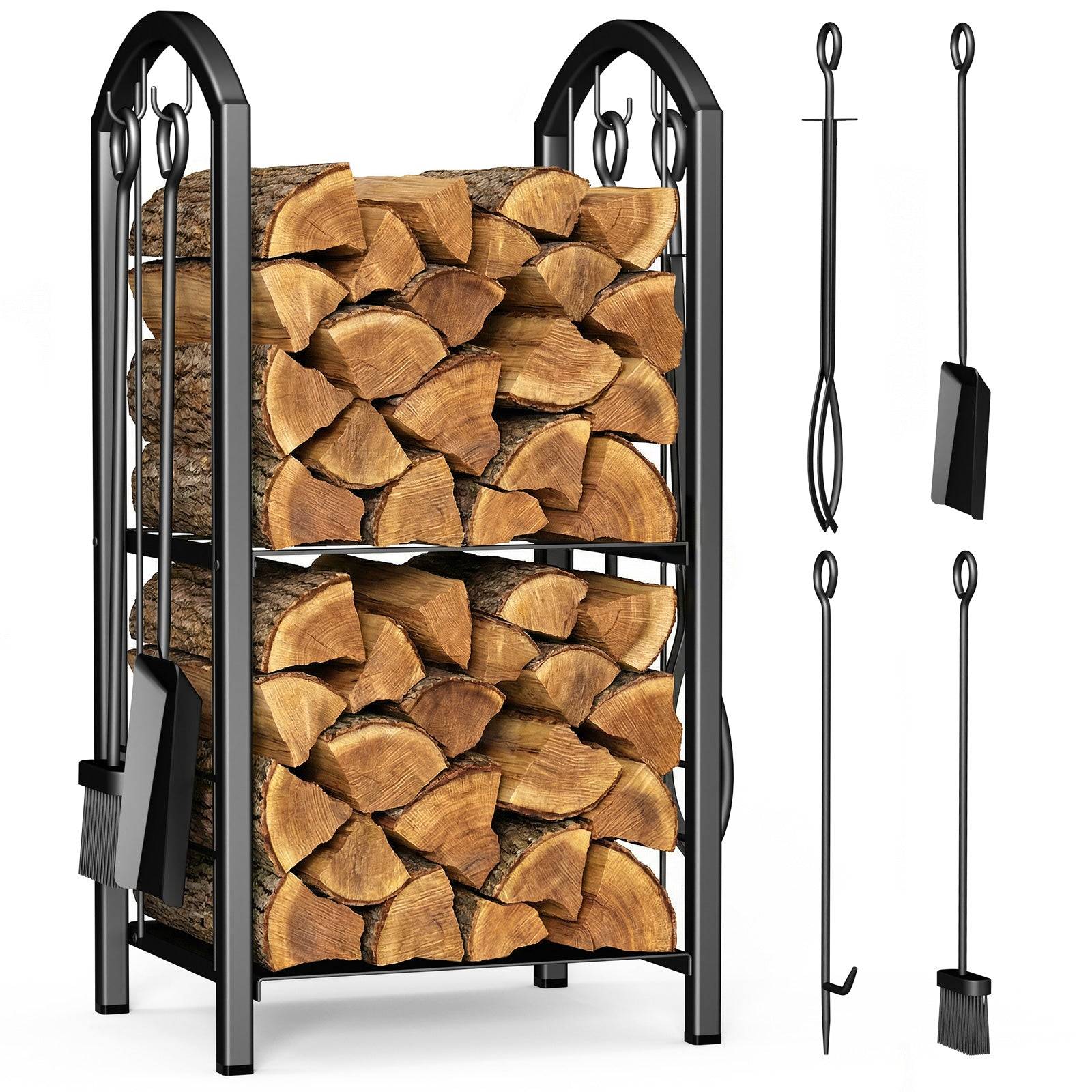 Porte-bûches avec 4 outils 38x33x75cm - métal - range bûche pour cheminée - support bois intérieur et extérieur - noir - VOUNOT® - Image 1