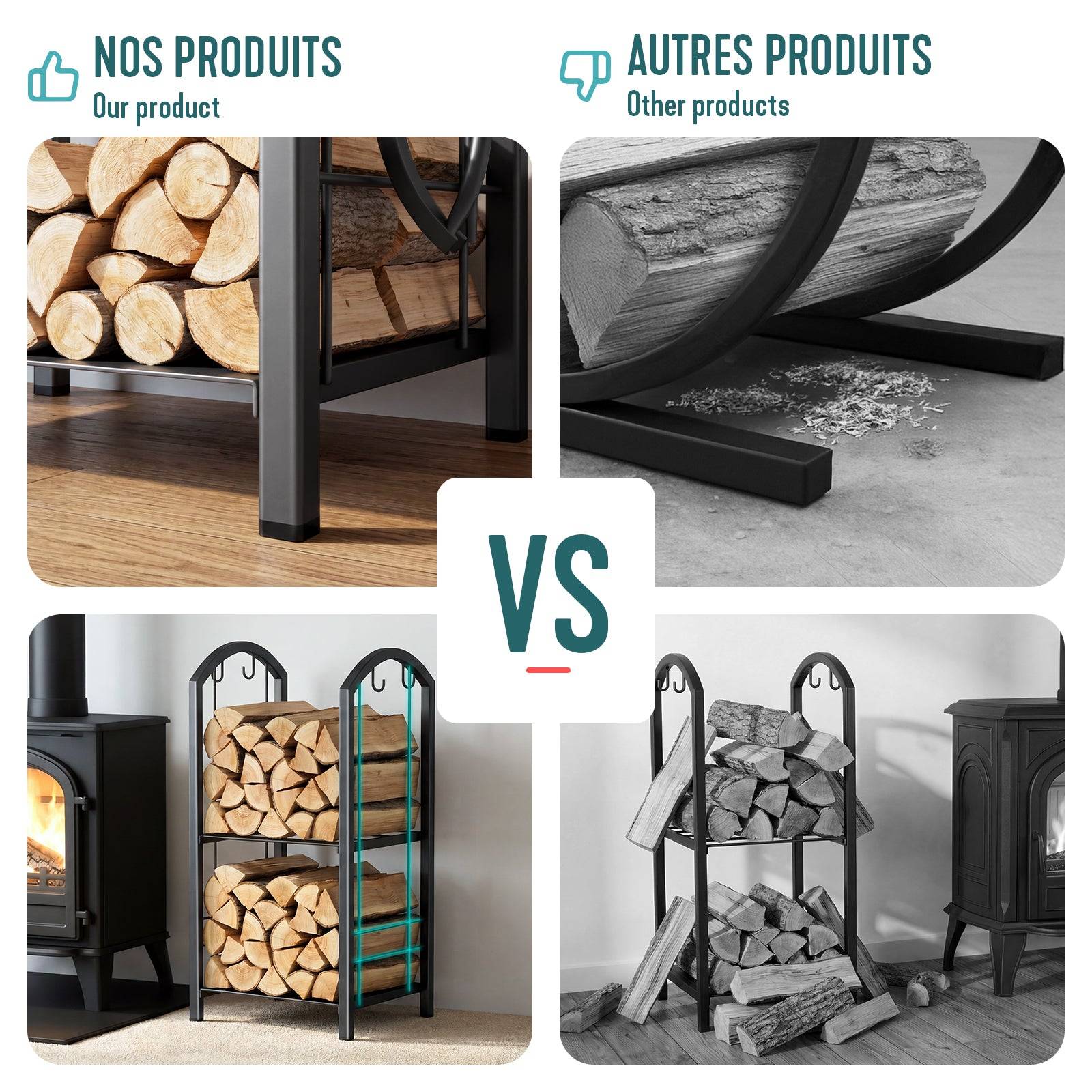 Porte-bûches avec 4 outils 38x33x75cm - métal - range bûche pour cheminée - support bois intérieur et extérieur - noir - VOUNOT® - Image 6