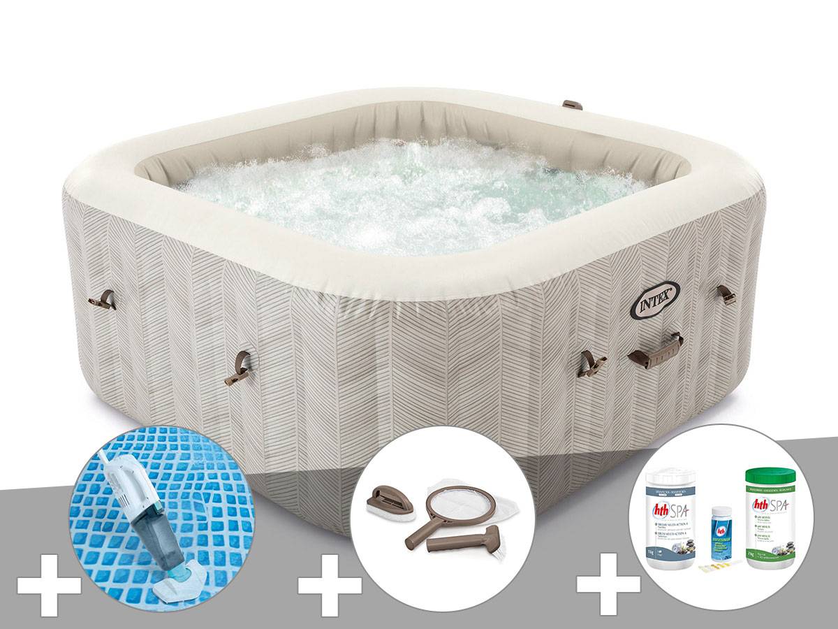 Kit spa gonflable Intex PureSpa Chevron carré Bulles 6 places + Aspirateur + Kit d'entretien + Kit de traitement brome