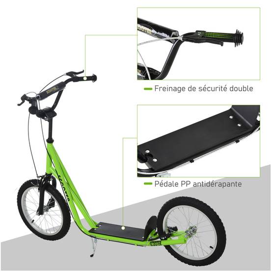 Trottinette patinette pour Enfants à partir de 5 Ans Grands pneus Guidon réglable poignée Frein et béquille Acier Vert - Image 9