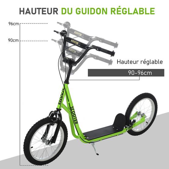 Trottinette patinette pour Enfants à partir de 5 Ans Grands pneus Guidon réglable poignée Frein et béquille Acier Vert - Image 6