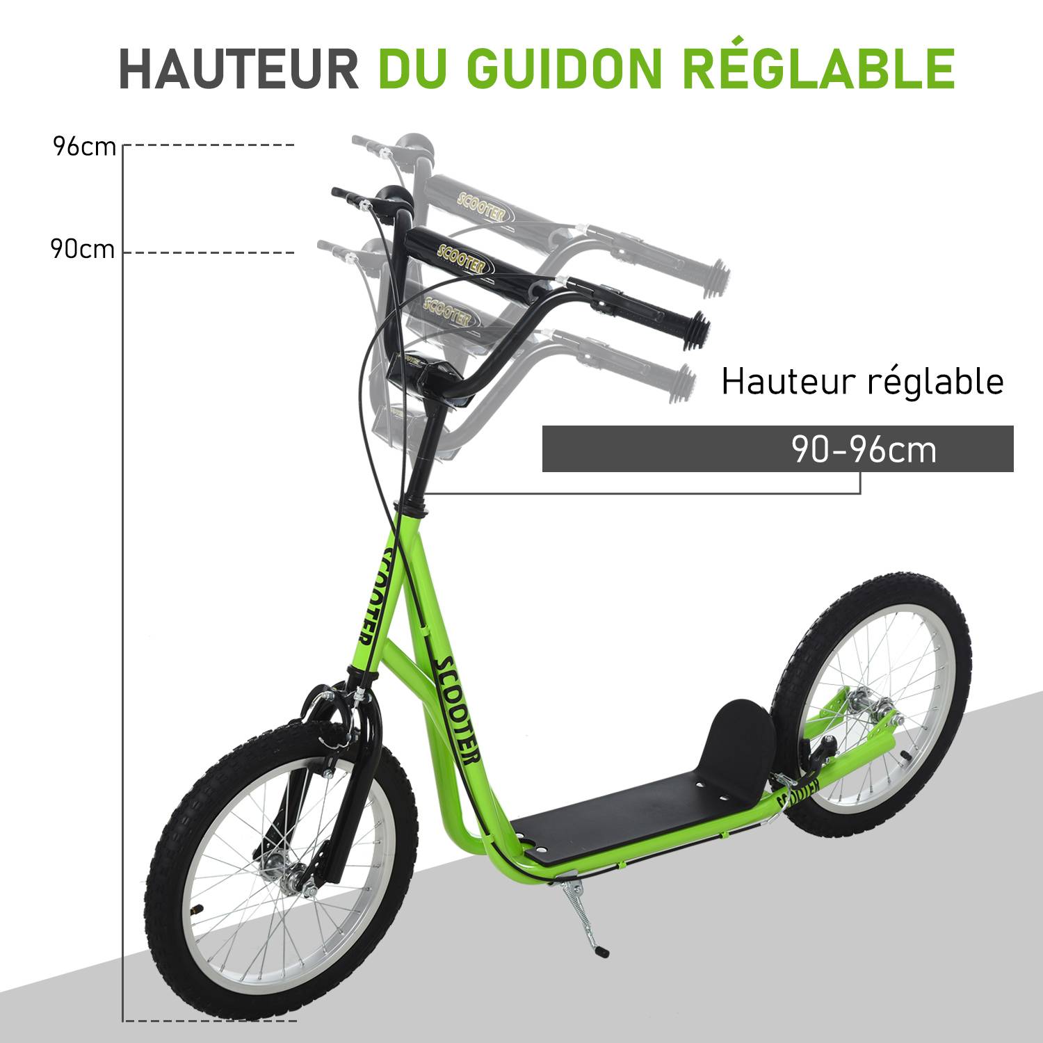 Trottinette patinette pour Enfants à partir de 5 Ans Grands pneus Guidon réglable poignée Frein et béquille Acier Vert - Image 6