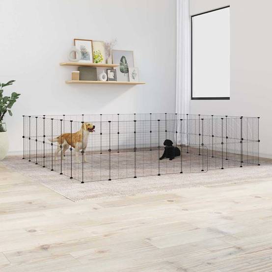 Enclos modulable 60 panneaux acier pour animaux intérieur extérieur Noir – ComfortXL Outdoor Living - Image 1
