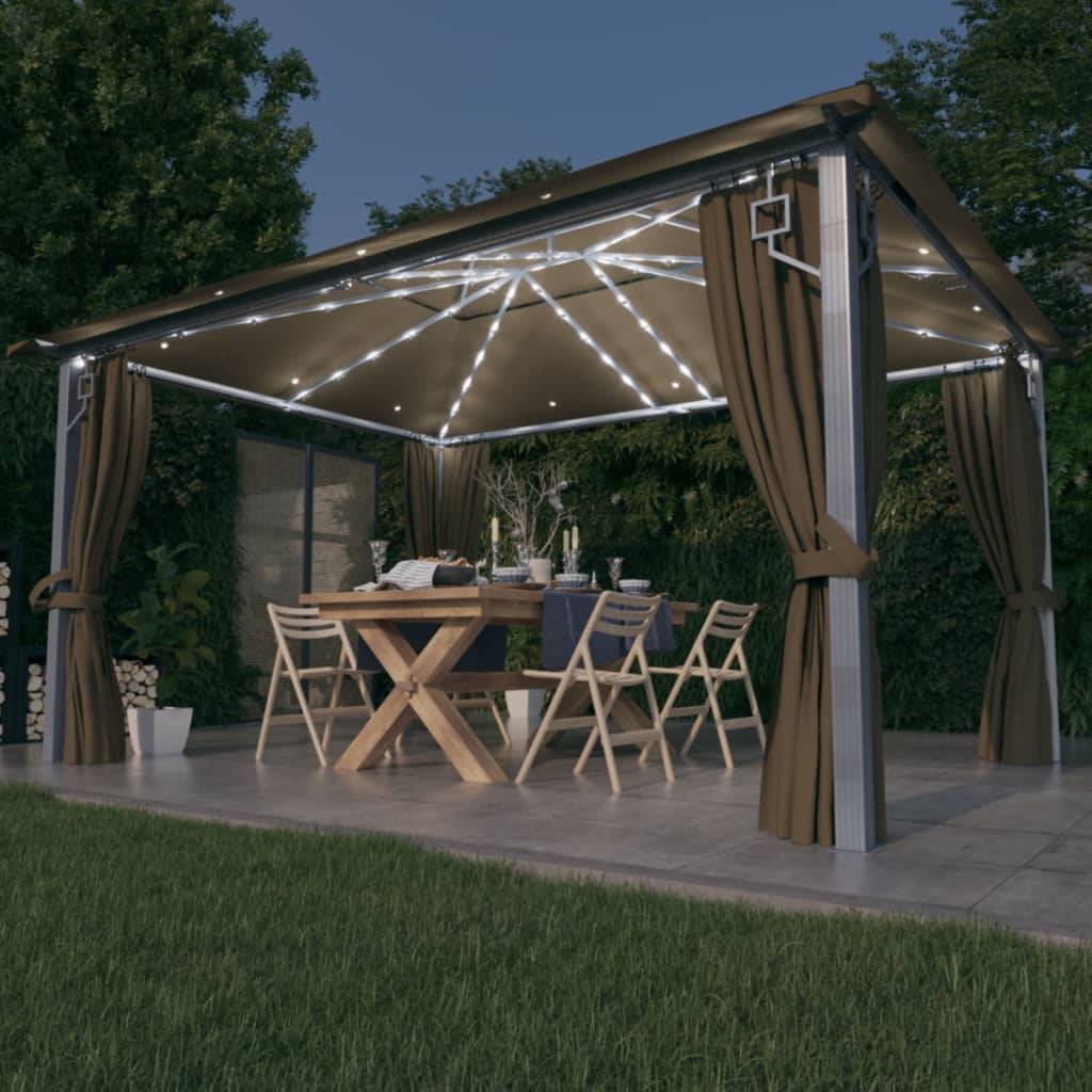 Tonnelle Aluminium Taupe avec Rideaux et Lumières LED 4 x 3 x 2.7 cm - PANGIVO - Image 1
