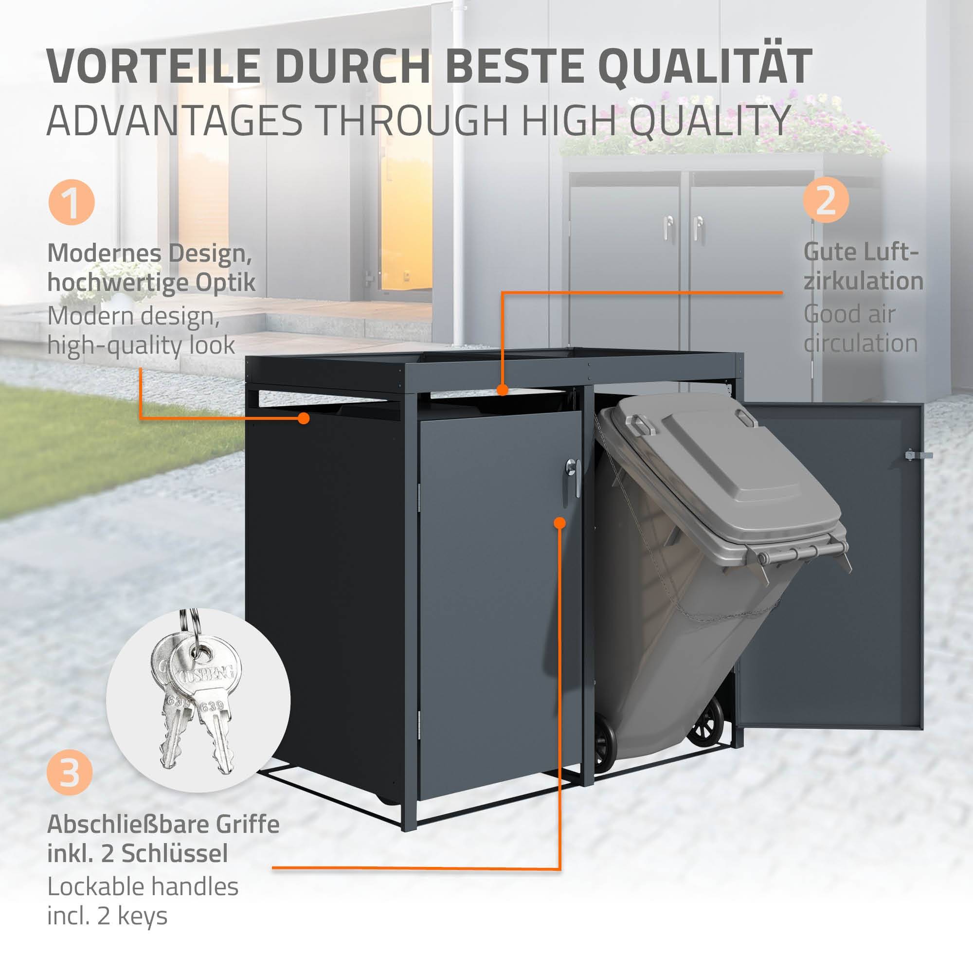Abri pour 3 poubelles 200x80x124 cm capacité de 60L à 240L anthracite en acier avec toit pour plantes et fleurs / 3 portes résistant aux intempéries - Image 3